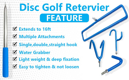 Disc Golf Retriever Pole – 16ft Telescopic with Hooks features multiple attachments and extends to 16ft for easy retrieval.