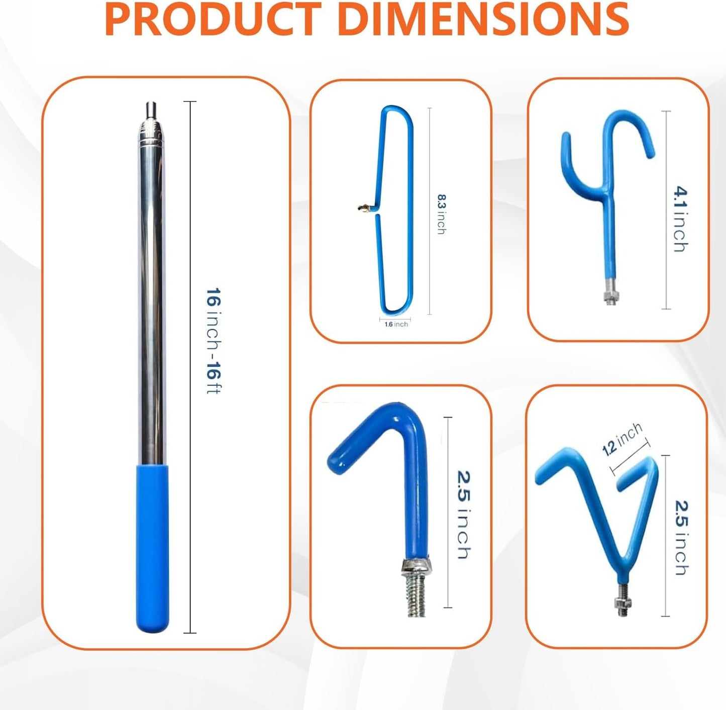 Disc Golf Retriever Pole – 16ft Telescopic with Hooks dimensions illustration featuring length and hook sizes.