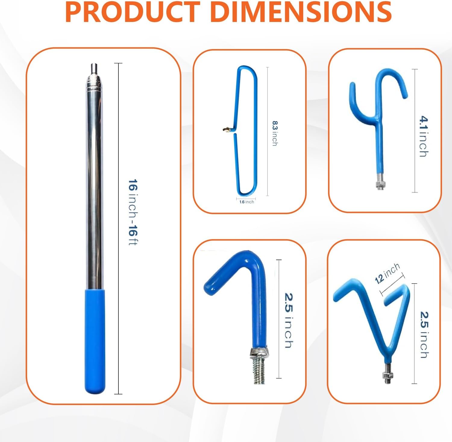 Disc Golf Retriever Pole – 16ft Telescopic with Hooks dimensions illustration featuring length and hook sizes.