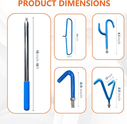 Disc Golf Retriever Pole – 16ft Telescopic with Hooks dimensions illustration featuring length and hook sizes.
