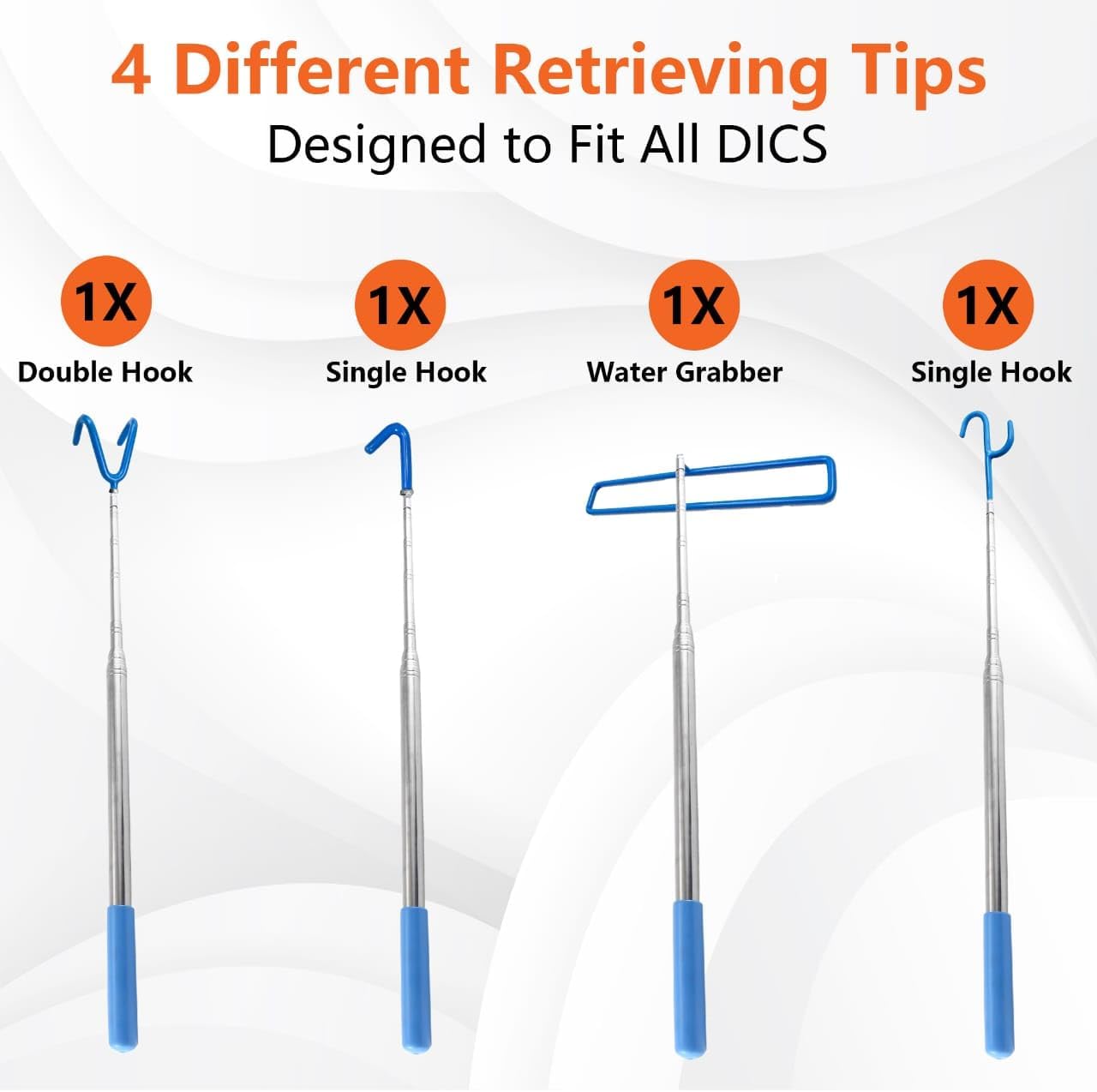 Disc Golf Retriever Pole – 16ft Telescopic with Hooks featuring 4 different retrieving tips for easy disc recovery.