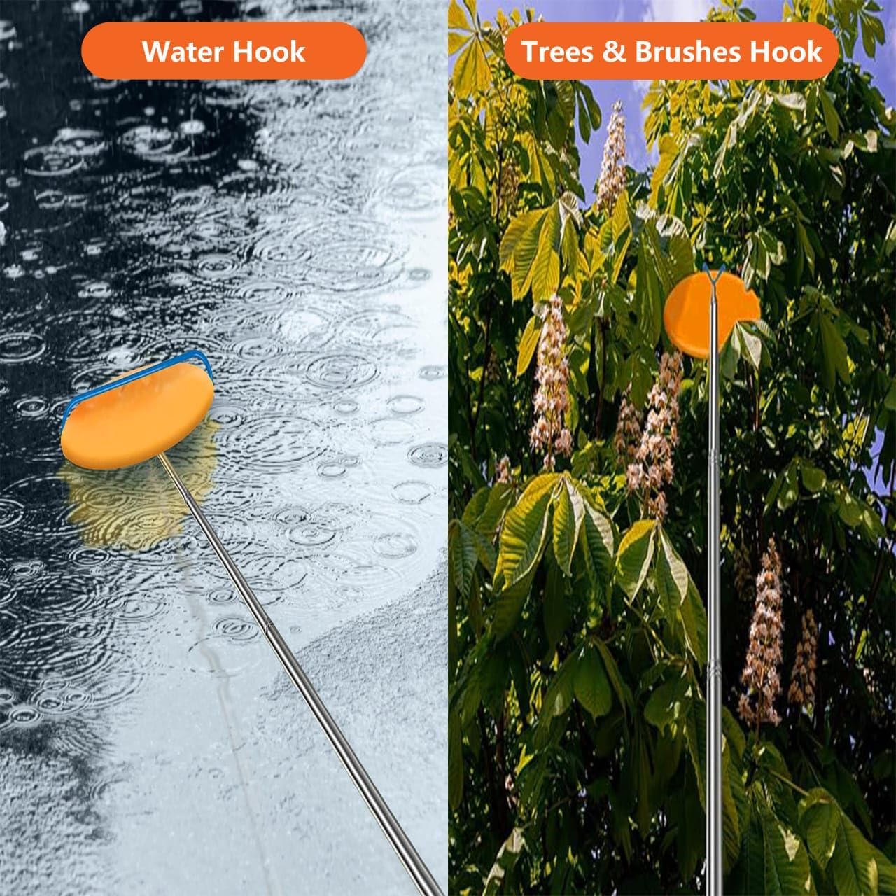 Disc Golf Retriever Pole – 16ft Telescopic with Hooks showcasing Water Hook and Trees & Brushes Hook features.