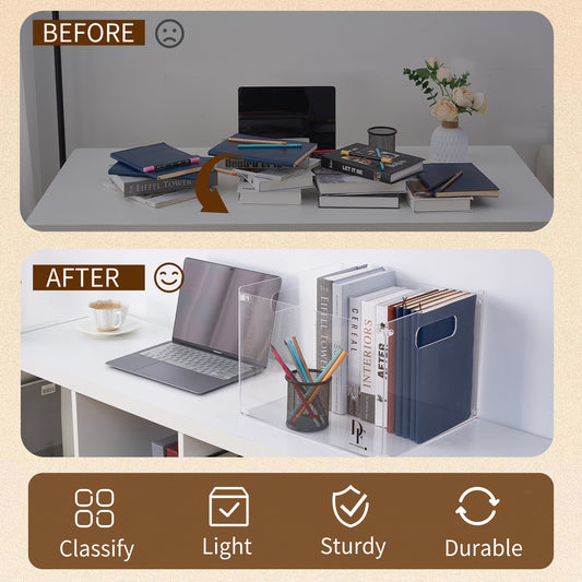 Clear Desk File Organizer – Space-Saving Office Storage before and after transformation of a messy desk into an organized workspace.